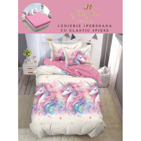 Lenjerie Finet, 4 Piese, Pat 1 persoana, cearsaf cu ELASTIC, Alb-Roz, unicorn, LOP-008