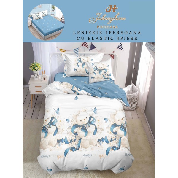 Lenjerie Finet, 4 Piese, Pat 1 persoana, cearsaf cu ELASTIC, Alb-Albastru, ursulet, LOP-017