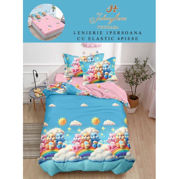 Lenjerie Finet, 4 Piese, Pat 1 persoana, cearsaf cu ELASTIC, Albastru-Multicolor, ursuleti, LOP-045