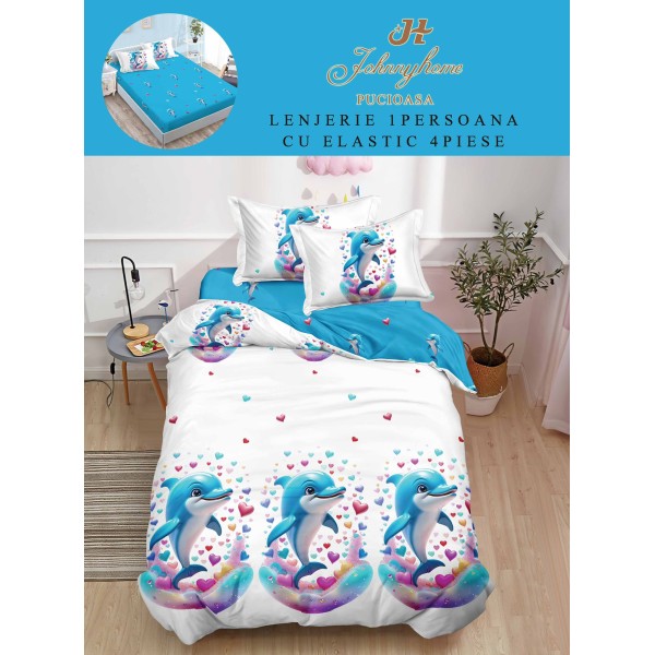 Lenjerie Finet, 4 Piese, Pat 1 persoana, cearsaf cu ELASTIC, Albastru-Alb, delfini, LOP-021 Lenjerie Finet, 4 Piese, Pat 1 persoana, cearsaf cu ELASTIC, Albastru-Alb, delfini, LOP-021