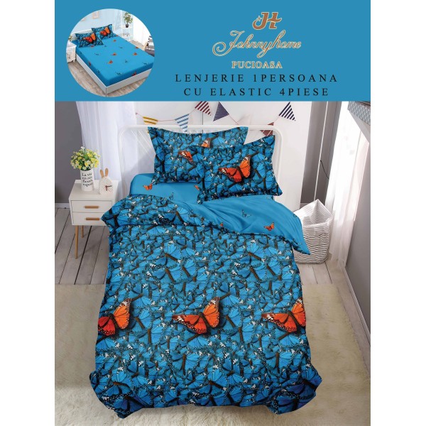 Lenjerie Finet, 4 Piese, Pat 1 persoana, cearsaf cu ELASTIC, Albastru-Multicolor, fluturi, LOP-031 Lenjerie Finet, 4 Piese, Pat 1 persoana, cearsaf cu ELASTIC, Albastru-Multicolor, fluturi, LOP-031