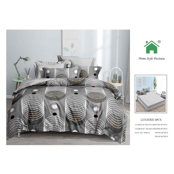 Set Lenjerie de pat din Finet Gros, Cearceaf cu ELASTIC, 6 Piese, Pat 2 Persoane, Gri-Alb, cercuri, LDE-077