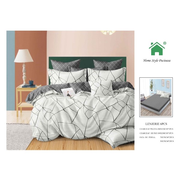 Set Lenjerie de pat din Finet Gros, Cearceaf cu ELASTIC, 6 Piese, Pat 2 Persoane, Alb-Gri, LDE-055