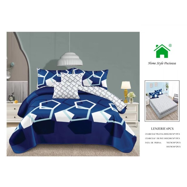 Set Lenjerie de pat din Finet Gros, Cearceaf cu ELASTIC, 6 Piese, Pat 2 Persoane, Bleumarin-Alb, LDE-186