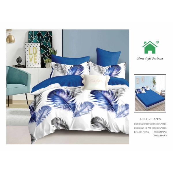 Set Lenjerie de pat din Finet Gros, Cearceaf cu ELASTIC, 6 Piese, Pat 2 Persoane, Alb-Albastru, pene, LDE-207