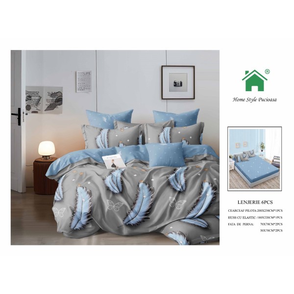 Set Lenjerie de pat din Finet Gros, Cearceaf cu ELASTIC, 6 Piese, Pat 2 Persoane, Gri-Blue, pene, LDE-006