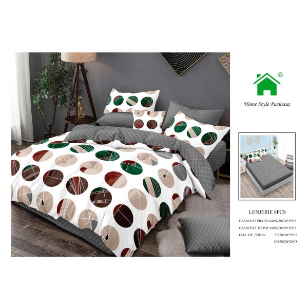 Set Lenjerie de pat din Finet Gros, Cearceaf cu ELASTIC, 6 Piese, Pat 2 Persoane, Maro-Multicolor, cercuri, LDE-073
