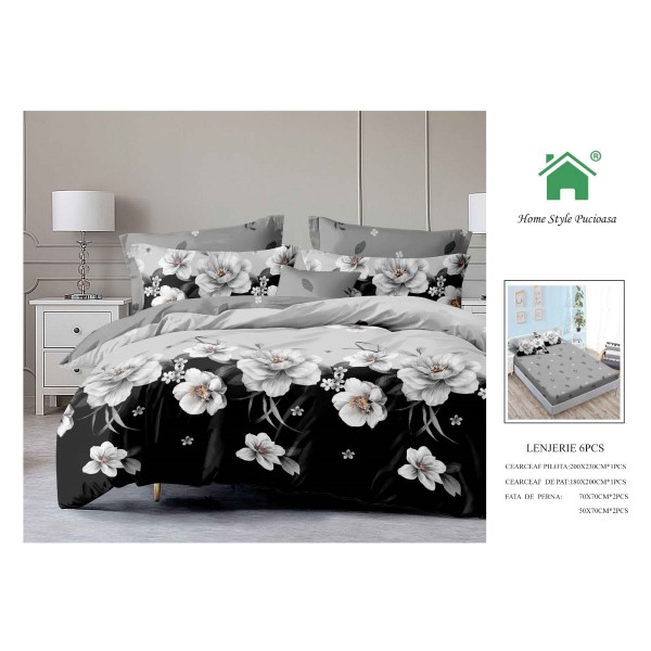 Set Lenjerie de pat din Finet Gros, Cearceaf cu ELASTIC, 6 Piese, Pat 2 Persoane, Negru-Gri, flori, LDE-164