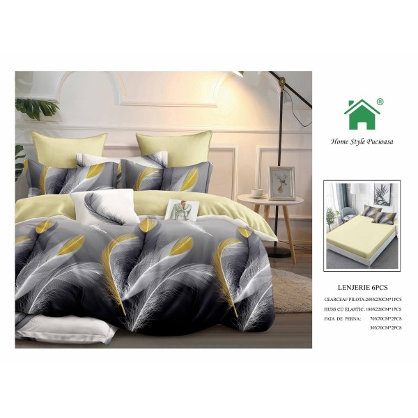 Set Lenjerie de pat din Finet Gros, Cearceaf cu ELASTIC, 6 Piese, Pat 2 Persoane, Gri-Galben, pene, LDE-166
