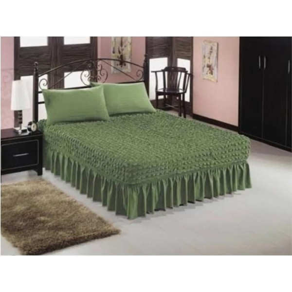 Set Husa de pat + 2 fete perna elastice si creponate, cu volanas, Verde, HPC-006