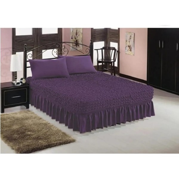 Set Husa de pat + 2 fete perna elastice si creponate, cu volanas, Mov, HPC-007