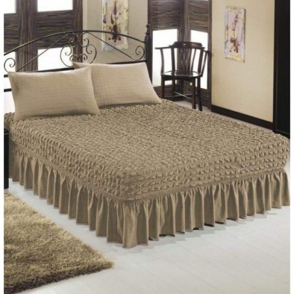 Set Husa de pat + 2 fete perna elastice si creponate, cu volanas, Bej, HPC-013