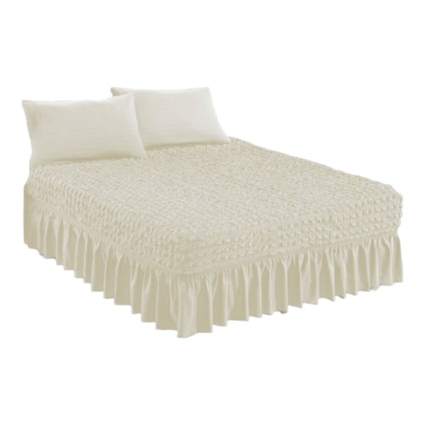 Set Husa de pat + 2 fete perna elastice si creponate, cu volanas, Alb, HPC-010