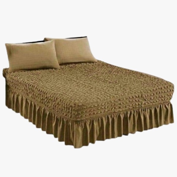 Set Husa de pat + 2 fete perna elastice si creponate, cu volanas, Bej inchis, HPC-011