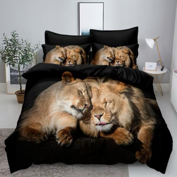 Set Lenjerie de Pat din Finet, 6 Piese, Pat 2 Persoane, Imprimeu 3D Identic cu Poza, Negru-Bej, lei, LFL-037