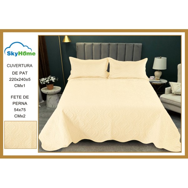 Set Cuvertura de Pat din Catifea, 3 Piese, Pat 2 Persoane, Crem, CCV-058