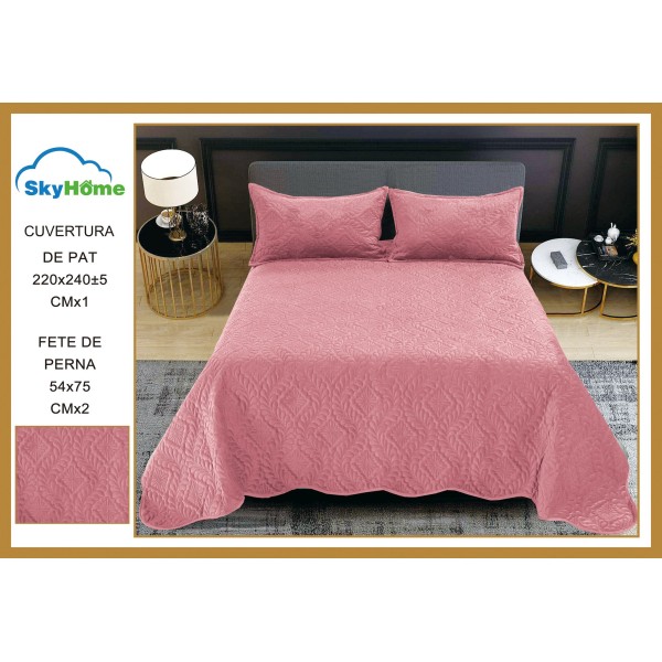 Set Cuvertura de Pat din Catifea, 3 Piese, Pat 2 Persoane, Roz, CCV-054