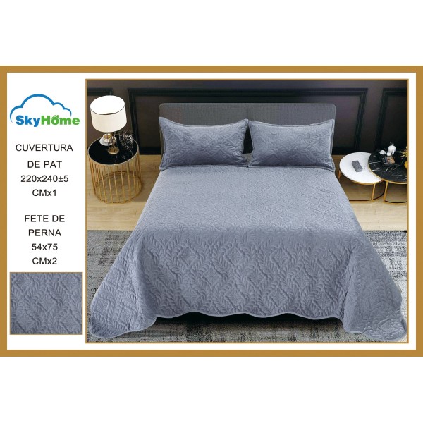 Set Cuvertura de Pat din Catifea, 3 Piese, Pat 2 Persoane, Gri, CCV-055