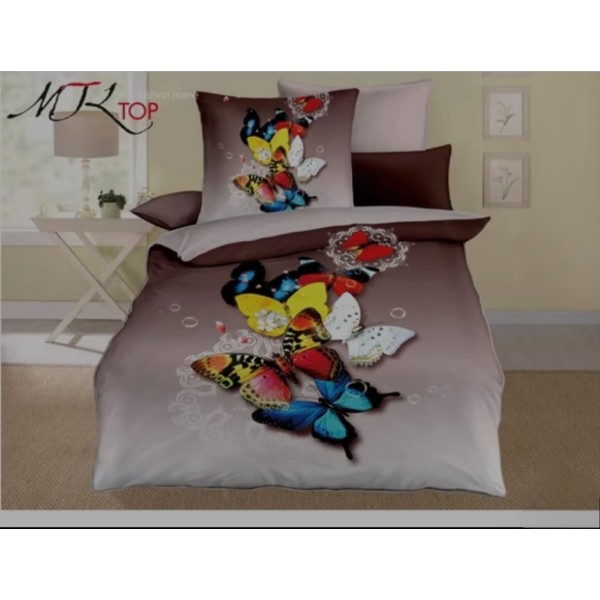 Lenjerie pat dublu, 4 piese, Bumbac Satinat Superior, Bej-Alb, fluturi, OLBS-019