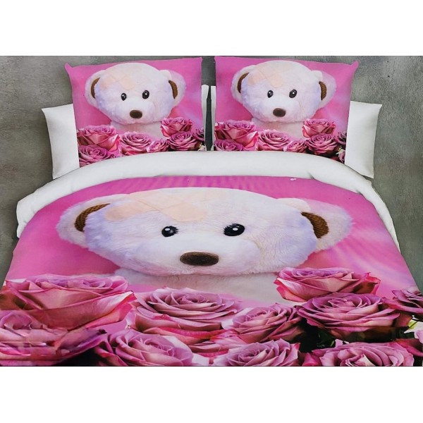 Lenjerie pat dublu, 4 piese, Bumbac Satinat Superior, Roz-Alb, ursutet, flori, LDBS-130