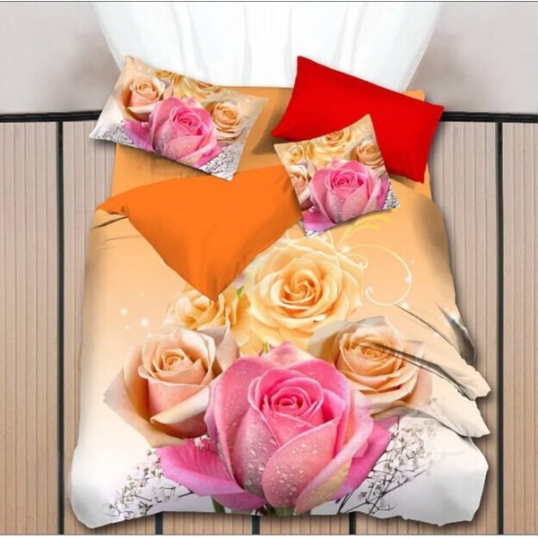 Lenjerie pat dublu, 4 piese, Bumbac Satinat Superior, Alb-Multicolor, trandafir, LDBS-217