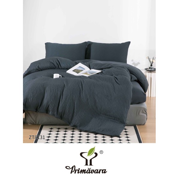 Set Lenjerie Pat Dublu din Finet Creponat, 4 Piese, cu Elastic, Gri inchis, LFC-034