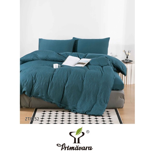 Set Lenjerie Pat Dublu din Finet Creponat, 4 Piese, cu Elastic, Verde, LFC-035