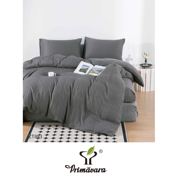 Set Lenjerie Pat Dublu din Finet Creponat, 4 Piese, cu Elastic, Gri deschis, LFC-037