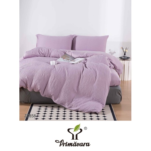 Set Lenjerie Pat Dublu din Finet Creponat, 4 Piese, cu Elastic, Lila, LFC-038