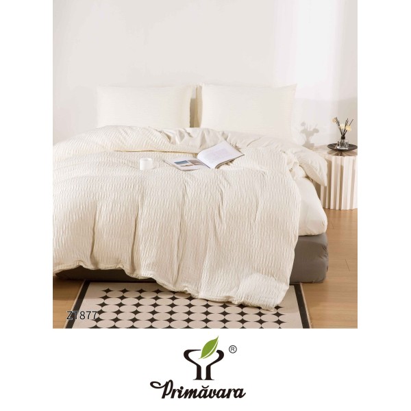 Set Lenjerie Pat Dublu din Finet Creponat, 4 Piese, cu Elastic, Crem, LFC-039