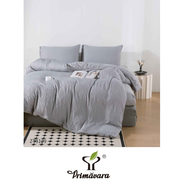 Set Lenjerie Pat Dublu din Finet Creponat, 4 Piese, cu Elastic, Gri, LFC-040