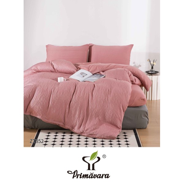 Set Lenjerie Pat Dublu din Finet Creponat, 4 Piese, cu Elastic, Roz, LFC-041