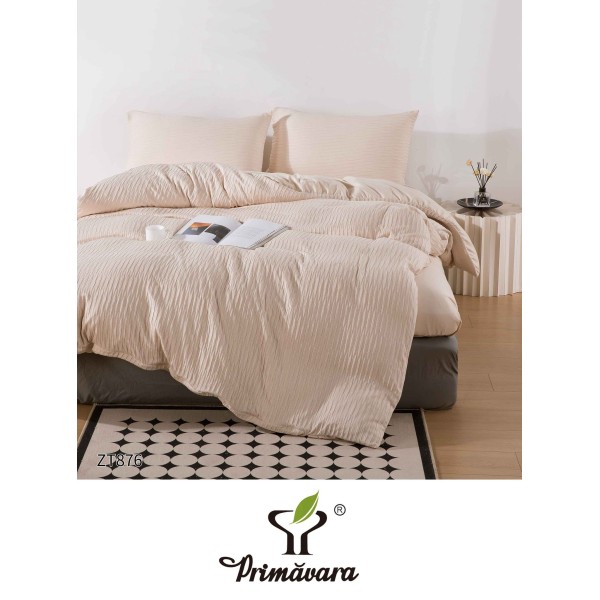 Set Lenjerie Pat Dublu din Finet Creponat, 4 Piese, cu Elastic, Bej, LFC-042