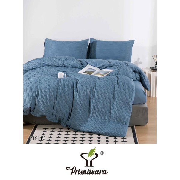 Set Lenjerie Pat Dublu din Finet Creponat, 4 Piese, cu Elastic, Albastru, LFC-043