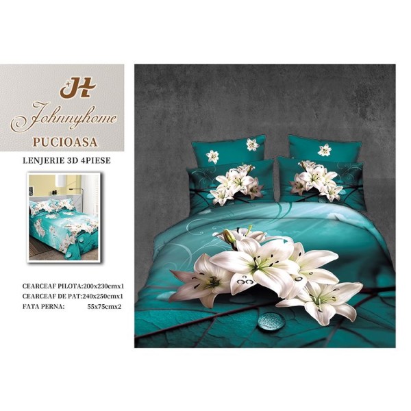 Set Lenjerie de Pat din Bumbac Satinat, 4 Piese, Pat 2 Persoane, Imprimeu 3D Identic cu Poza, Verde-Alb, flori, LSD-001
