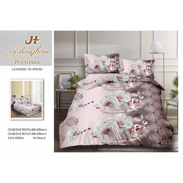 Set Lenjerie de Pat din Bumbac Satinat, 4 Piese, Pat 2 Persoane, Imprimeu 3D Identic cu Poza, Lila-Alb, flori, LSD-002