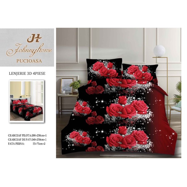 Set Lenjerie de Pat din Bumbac Satinat, 4 Piese, Pat 2 Persoane, Imprimeu 3D Identic cu Poza, Rosu-Negru, flori, LSD-006