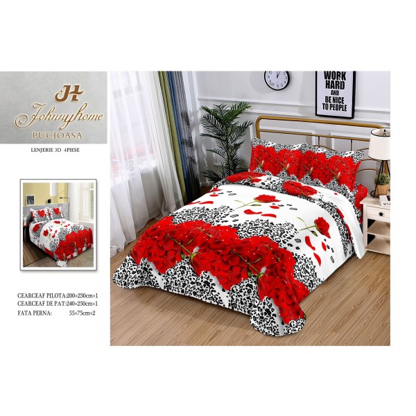 Set Lenjerie de Pat din Bumbac Satinat, 4 Piese, Pat 2 Persoane, Imprimeu 3D Identic cu Poza, Alb-Rosu, flori, LSD-007
