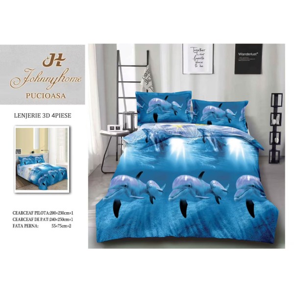 Set Lenjerie de Pat din Bumbac Satinat, 4 Piese, Pat 2 Persoane, Imprimeu 3D Identic cu Poza, Albastru, delfini, LSD-010