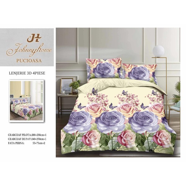 Set Lenjerie de Pat din Bumbac Satinat, 4 Piese, Pat 2 Persoane, Imprimeu 3D Identic cu Poza, Crem- Verde, flori, LSD-012