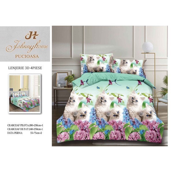 Set Lenjerie de Pat din Bumbac Satinat, 4 Piese, Pat 2 Persoane, Imprimeu 3D Identic cu Poza, Alb-Verde, pisica, LSD-013