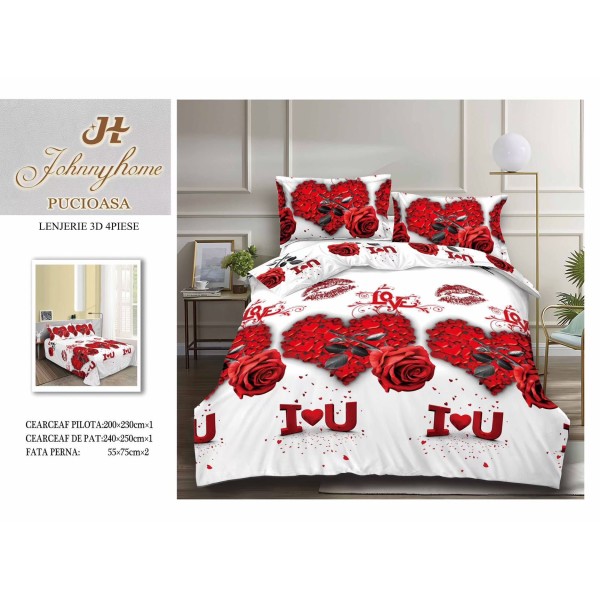 Set Lenjerie de Pat din Bumbac Satinat, 4 Piese, Pat 2 Persoane, Imprimeu 3D Identic cu Poza, Alb-Rosu, flori, LSD-014