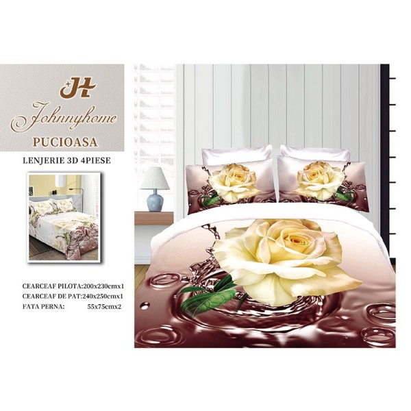 Set Lenjerie de Pat din Bumbac Satinat, 4 Piese, Pat 2 Persoane, Imprimeu 3D Identic cu Poza, Crem-Bej, flori, LSD-017