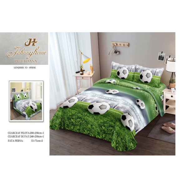 Set Lenjerie de Pat din Bumbac Satinat, 4 Piese, Pat 2 Persoane, Imprimeu 3D Identic cu Poza, Alb-Verde, fotbal, LSD-021