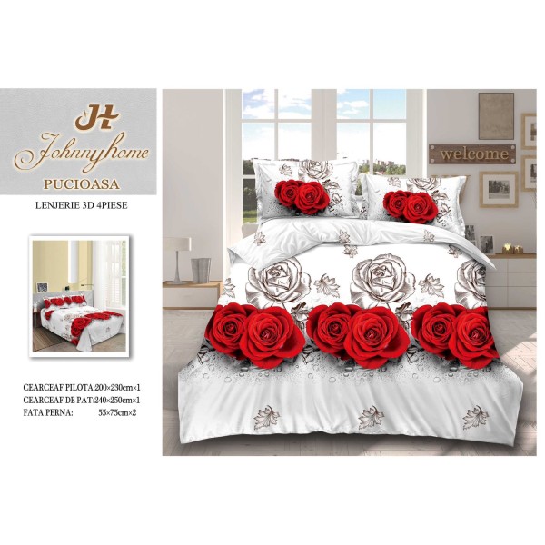 Set Lenjerie de Pat din Bumbac Satinat, 4 Piese, Pat 2 Persoane, Imprimeu 3D Identic cu Poza, Alb-Rosu, flori, LSD-022