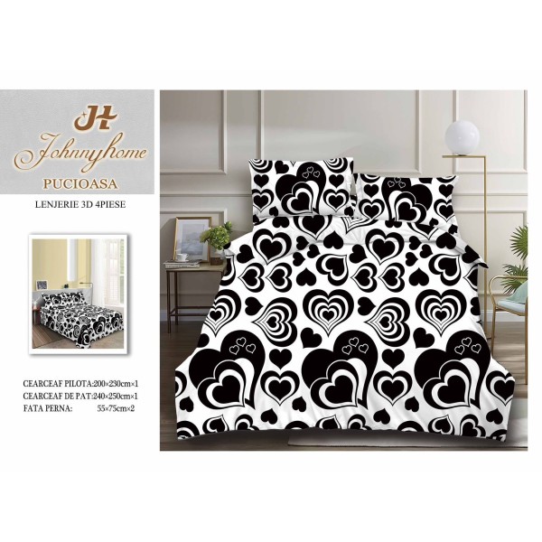 Set Lenjerie de Pat din Bumbac Satinat, 4 Piese, Pat 2 Persoane, Imprimeu 3D Identic cu Poza, Alb-Negru, inimi, LSD-024