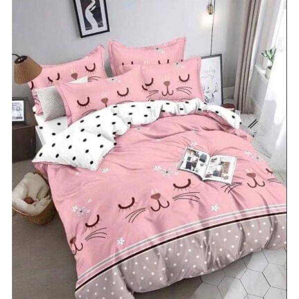 Lenjerie de Pat din Finet, 4 Piese, Pat 1 Persoana, Roz-Alb, pisica, LFS-082