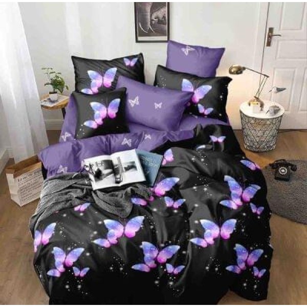 Lenjerie de Pat din Finet, 4 Piese, Pat 1 Persoana, Mov-Negru, fluturi, LFS-110