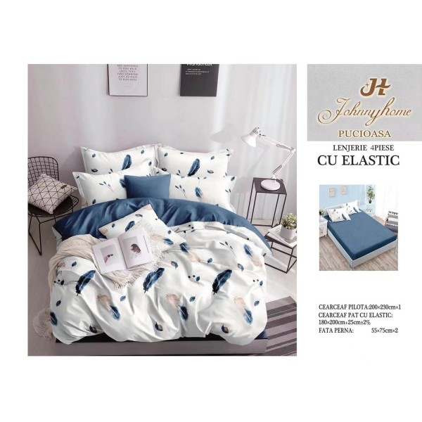 Lenjerie pat dublu, Bumbac Satinat Superior, 4 piese, cu ELASTIC, Alb-Albastru, pene, LDBSE-048