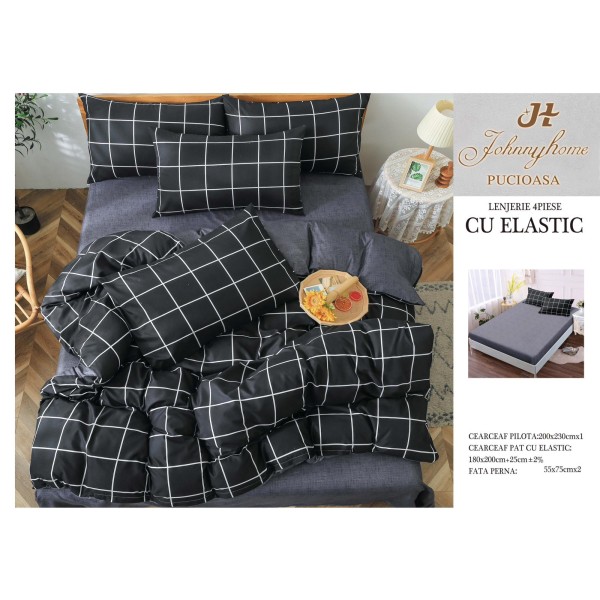 Lenjerie pat dublu, Bumbac Satinat Superior, 4 piese, cu ELASTIC, Gri-Negru, patratele, LDBSE-018